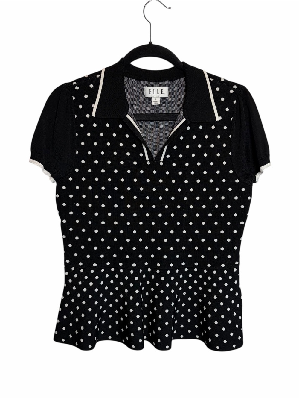 ELLE Black & White Polka Dot Peplum Knit Top Size Large